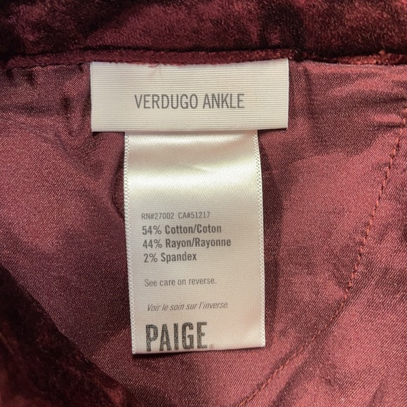 PAIGE Burgundy Wine Velvet Verdugo Ankle Pants - Picture 7 of 10